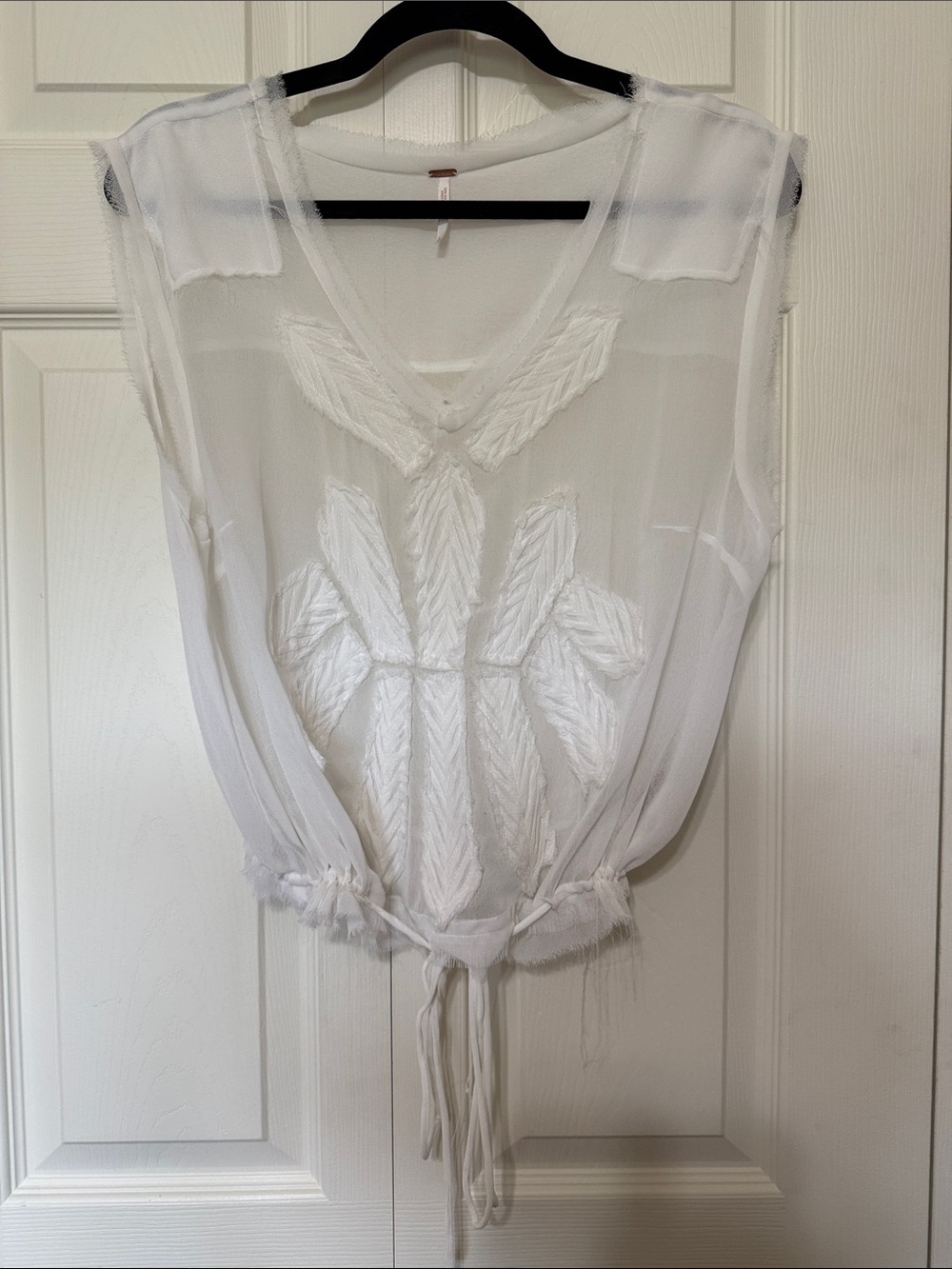 White Embroidered Sheer V-Neck Women's Top